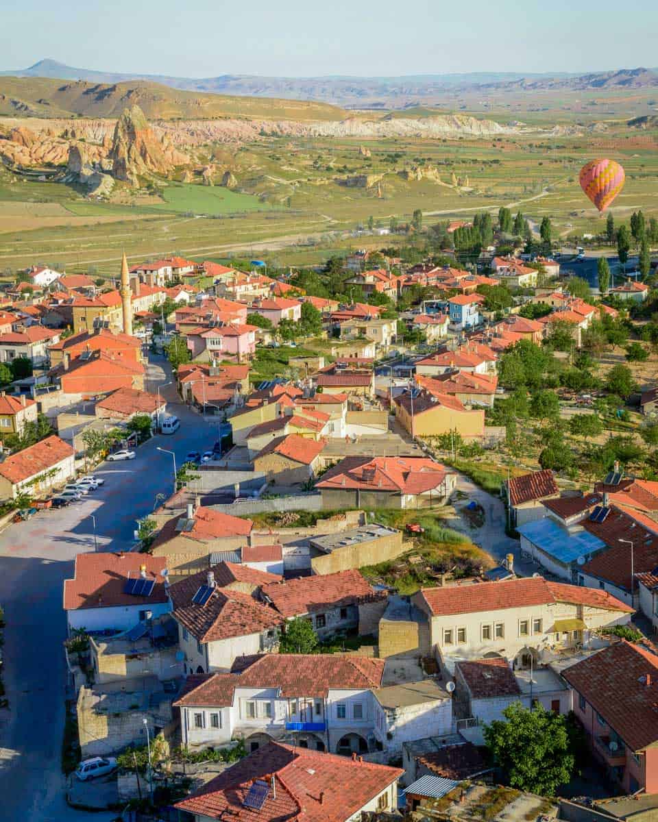 The view of houses in Cappadocia on a hot air balloon ride in Cappadocia Turkey