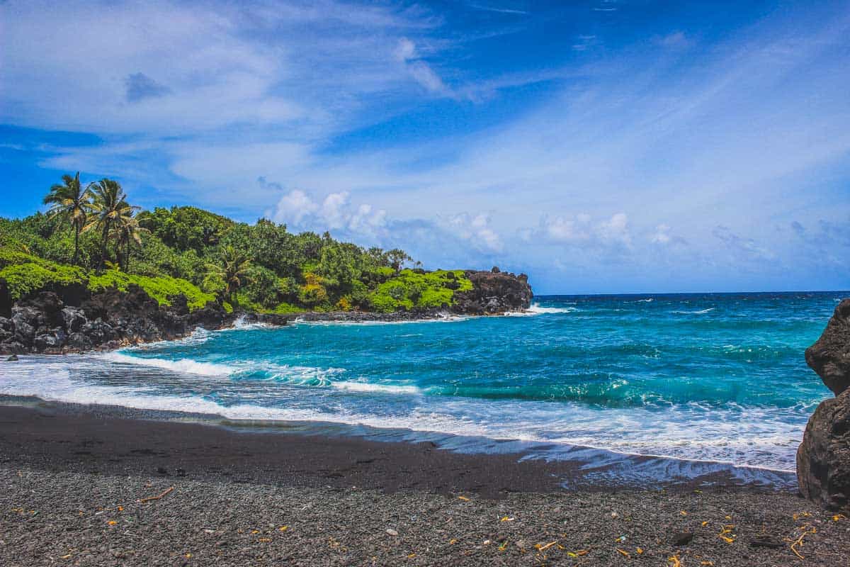 Waianapanapa black sand beach seen on the Road to Hana on Maui Hawaii