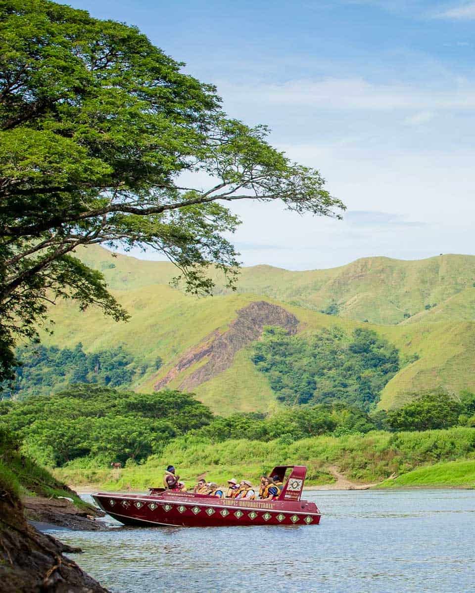A Sigatoka River Safari jet boat float on the water in Fiji