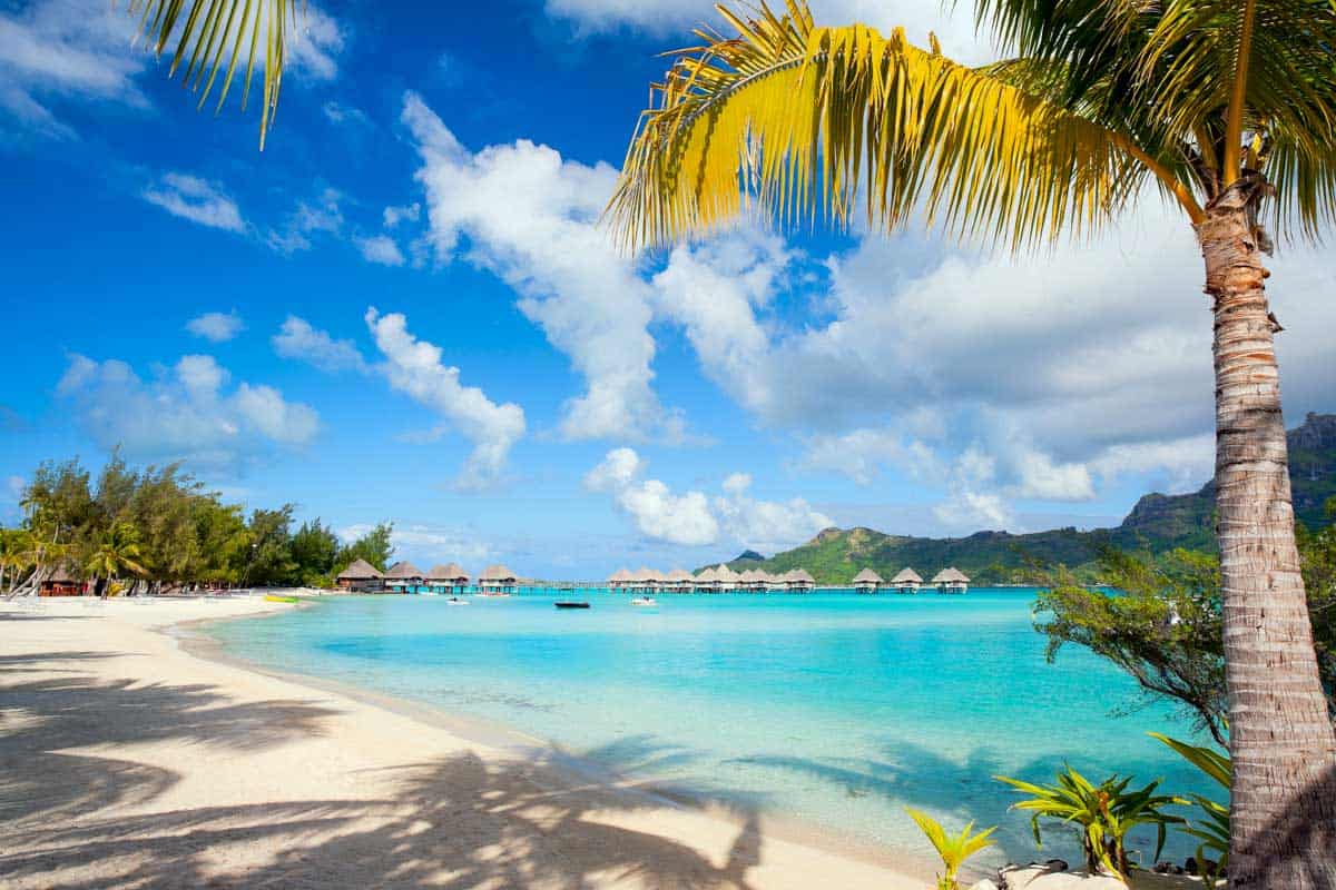 A beautiful beach in Bora Bora on a sunny day