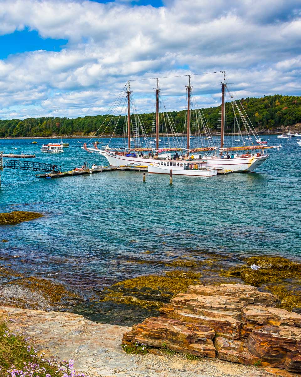 A boat sits in the water off of Bar Harbor Maine