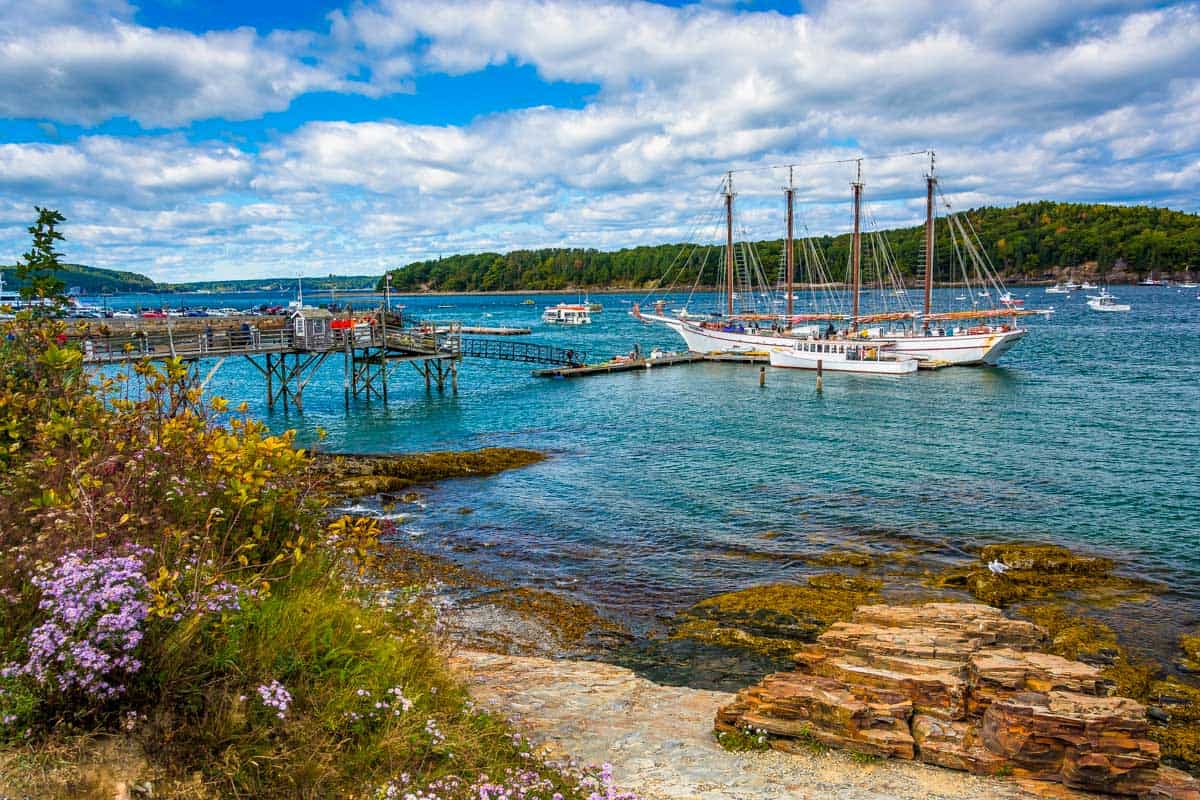 A boat sits out on the water in Bar Harbor Maine USA