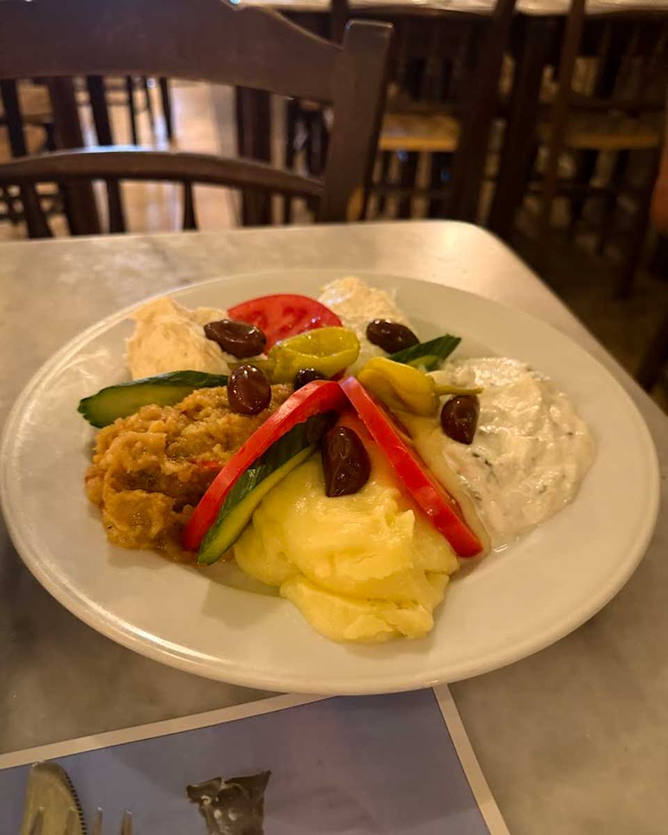 A plate of dips at Efcharis Restaurant Athens Greece on Hannah trip 1