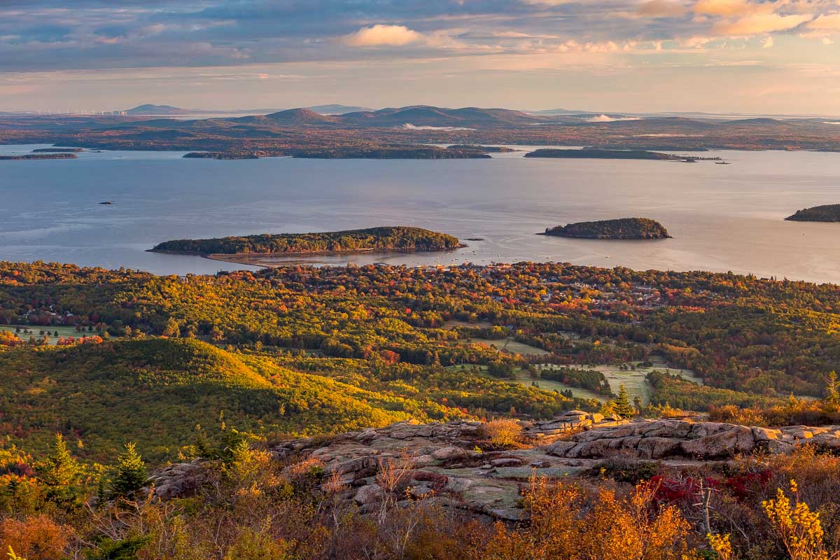 Acadia National Park at sunset in fall seen near Bar Harbor Maine