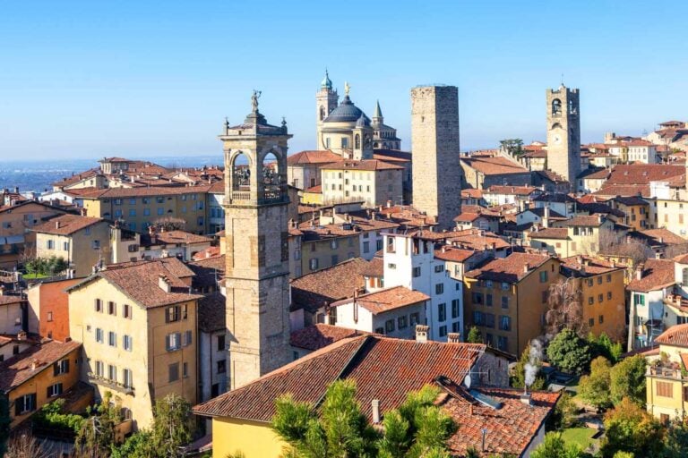 Aerial view of Bergamo historical Old Town, Lombardy, Italy