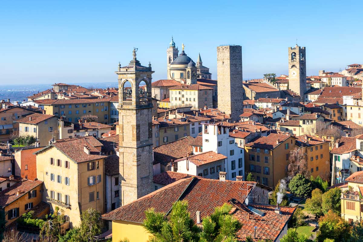 Aerial view of Bergamo historical Old Town, Lombardy, Italy