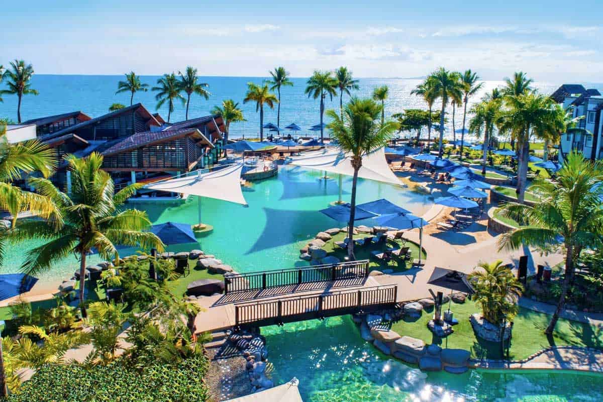 Aerial view of the pool area at Radisson Blu Resort Fiji Denarau