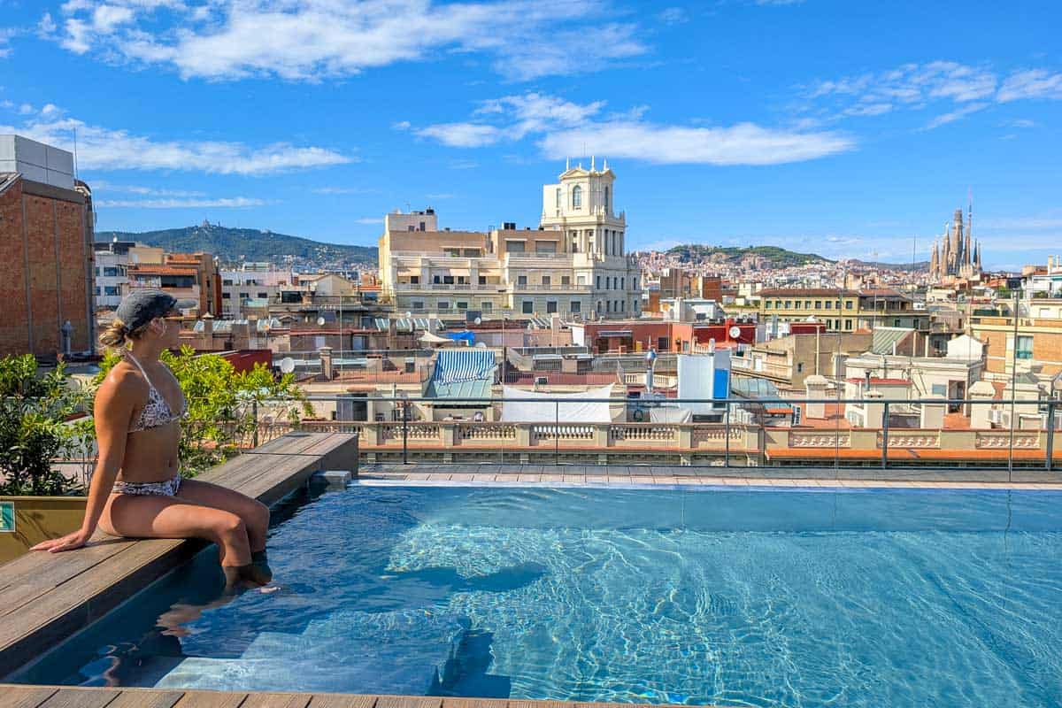 Bailey at the swimming pool of Ohla Barcelona hotel in Barcelona Spain 3