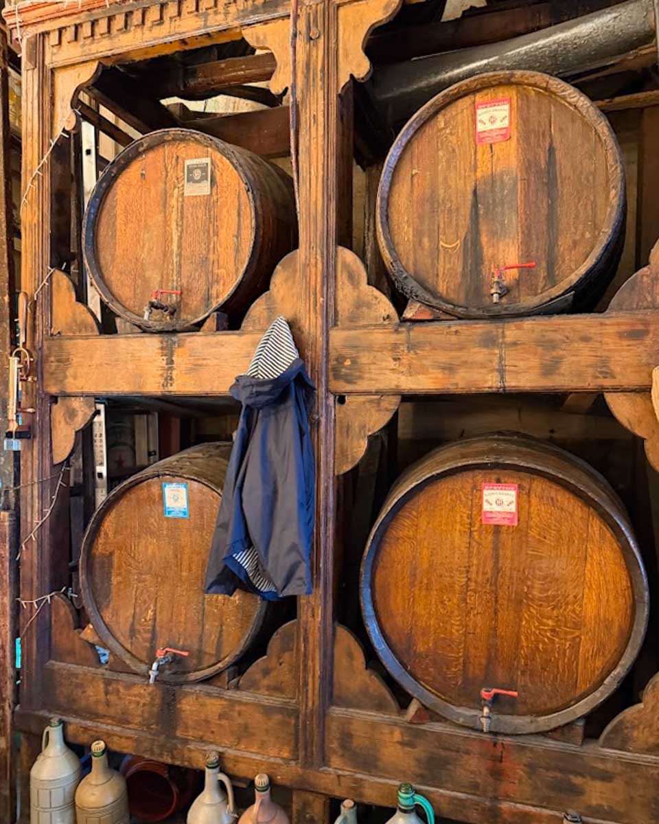 Barrels in Brettos Bar in Athens Greece on Hannah trip
