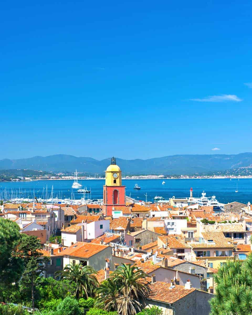 Beautiful view of Saint-Tropez with seascape and blue sky