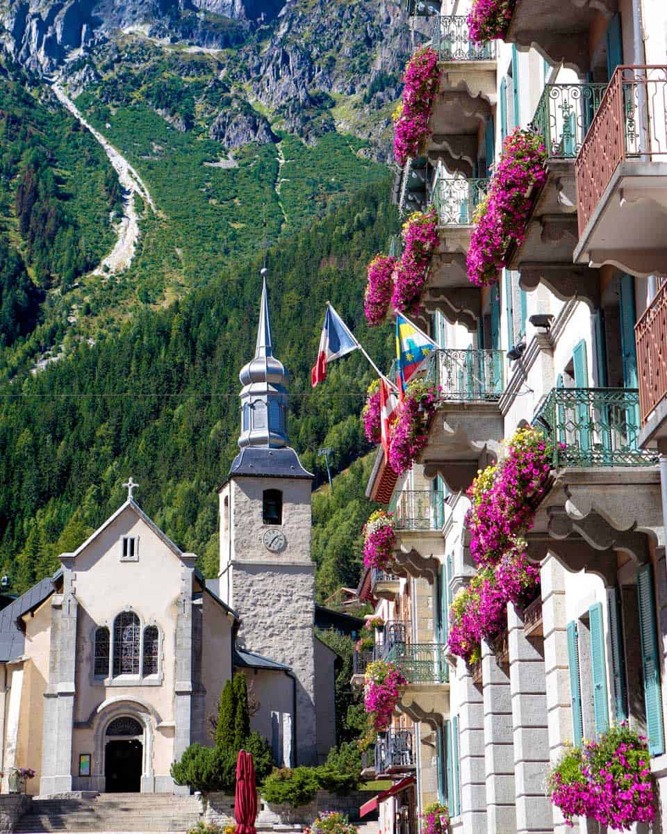 Chamonix church and Mont Blanc Massif in Chamonix France