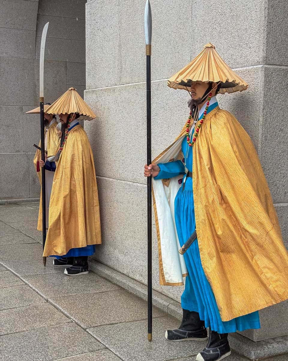 Changing of the guard at Gyeongbokgung Palace seen on a bike tour in Seoul South Korea