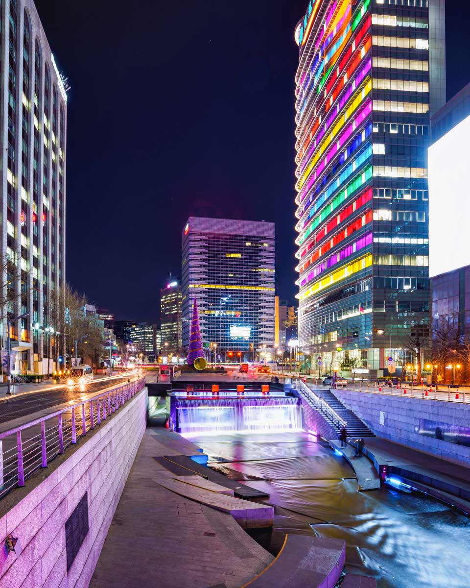 Cheonggyecheon Stream at night in Seoul South Korea