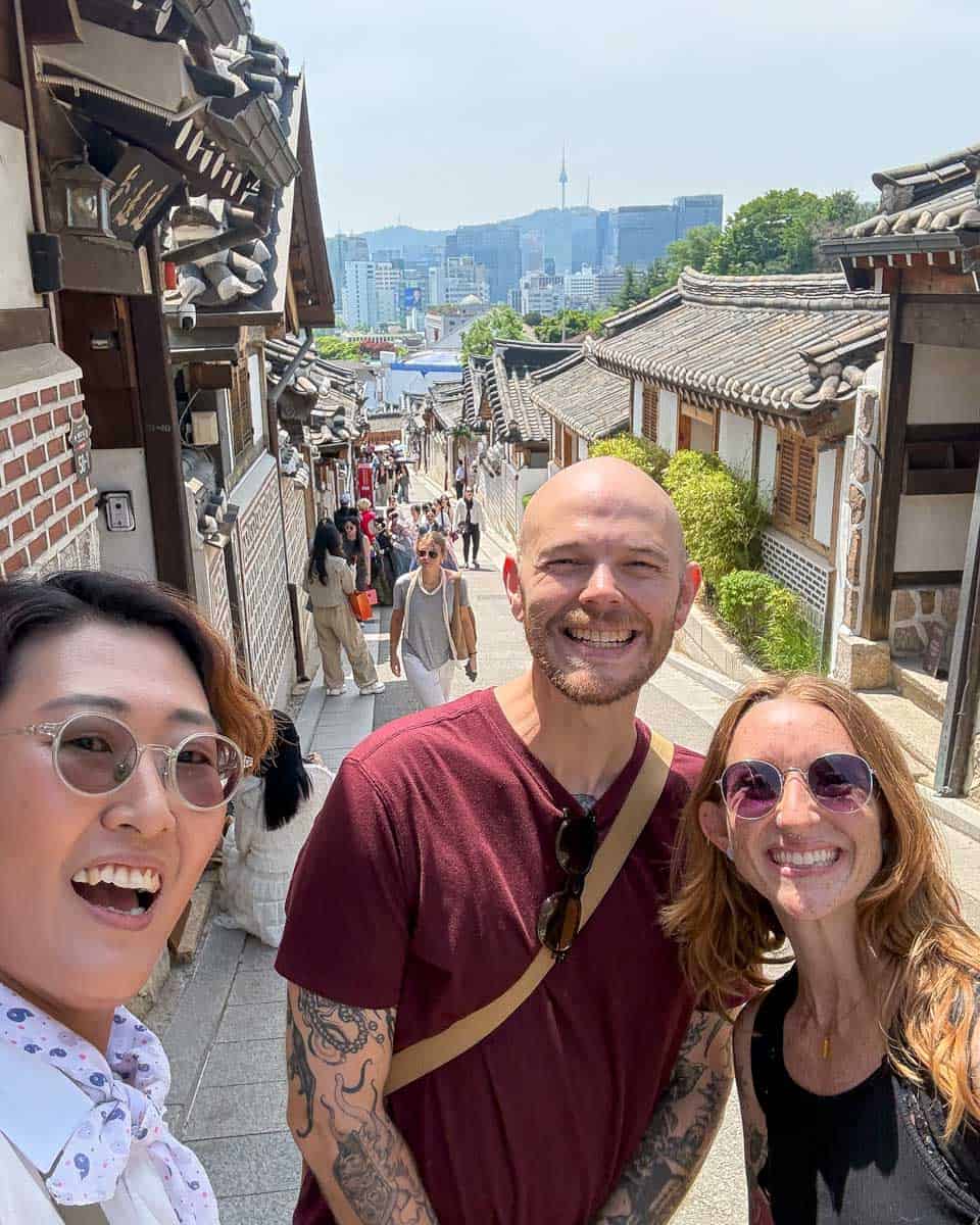 Evan, Meghan and guide in Bukchon Hanok Village in Seoul, South Korea