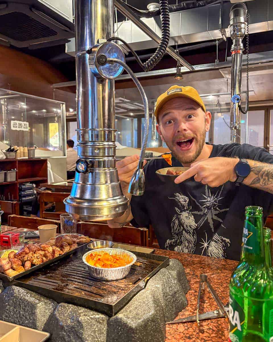 Evan eats Korean BBQ at Seoul City Hall Korean BBQ in Seoul South Korea