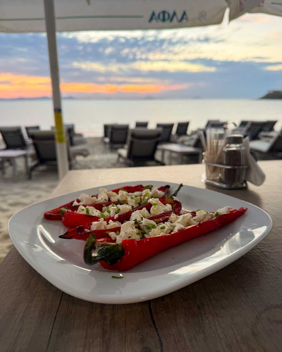 Feta stuffed peppers at Paradise Beach Cafe in Naxos Greece on Hannah trip
