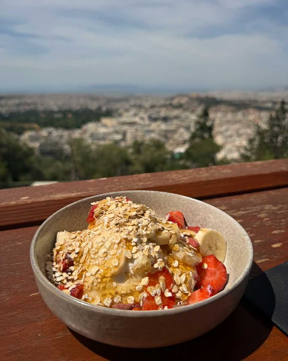 Greek yoghurt bowl on Lycabettus Hill in Athens Greece on Hannah trip