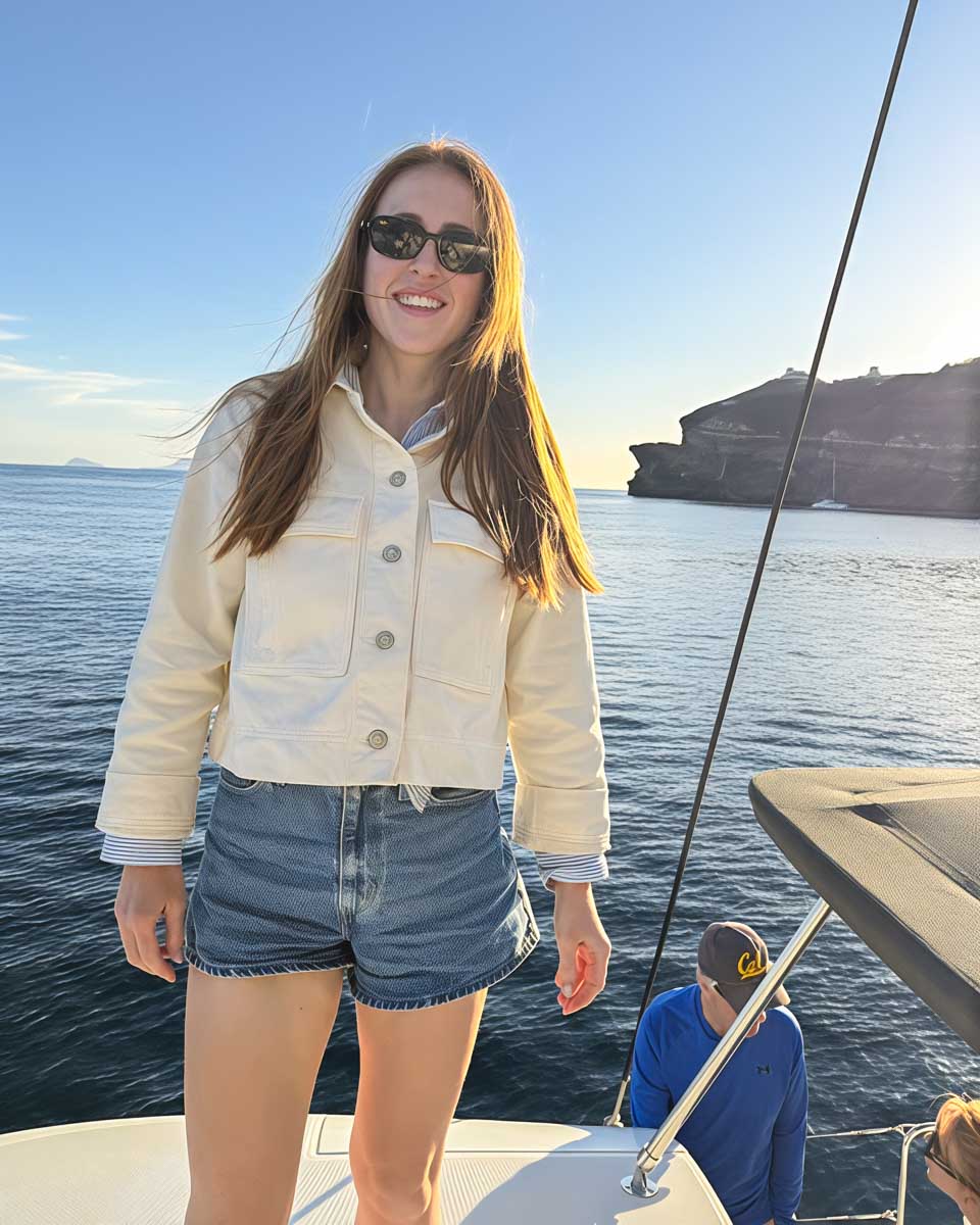 Hanna on catamaran cruise in Santorini Greece