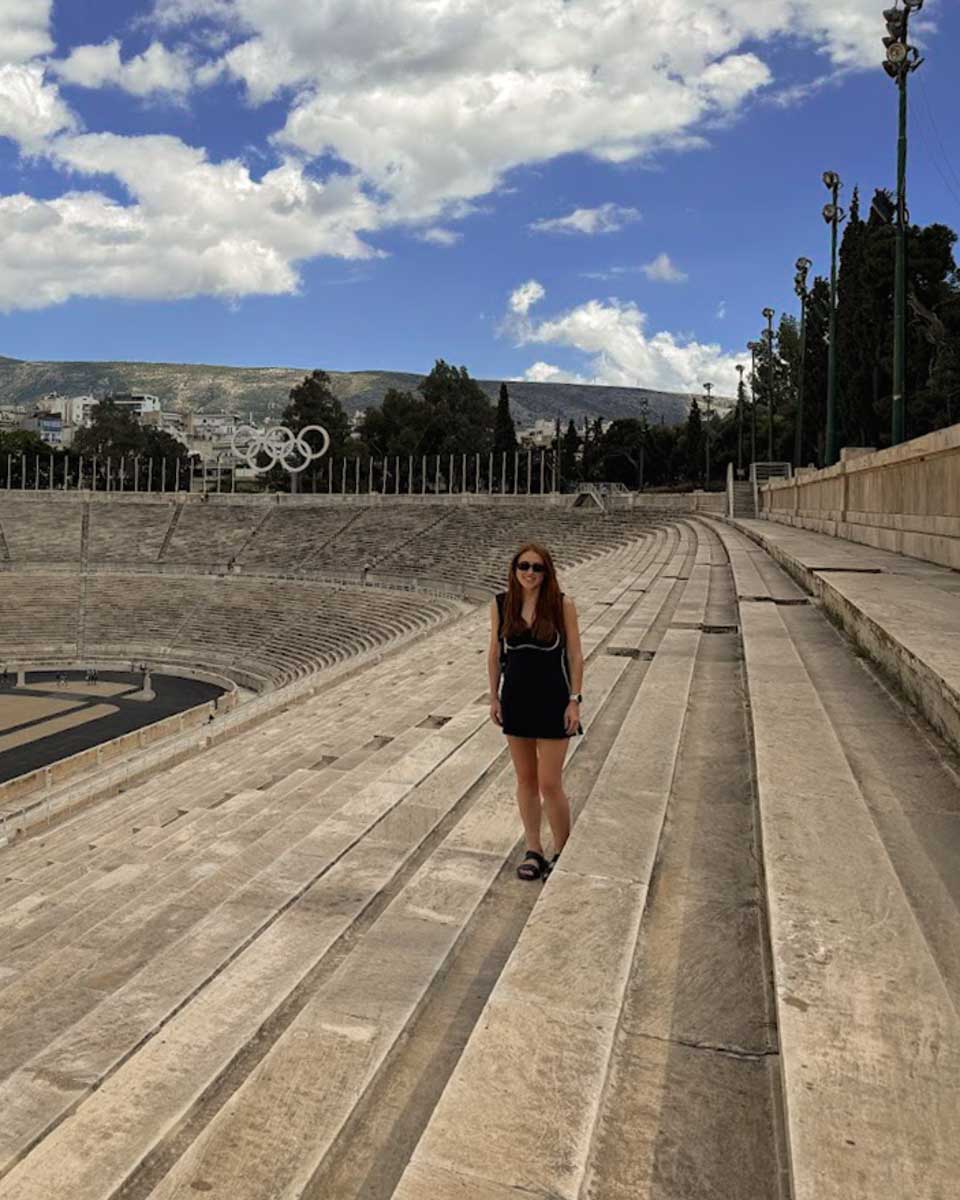 Hannah at Panathenaic Stadium in Athens Greece