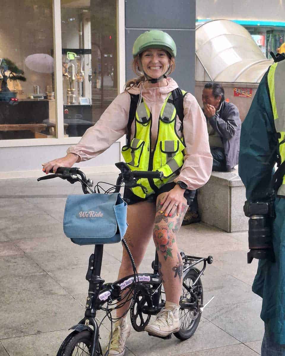 Meghan on an ebike on a tour in Seoul South Korea