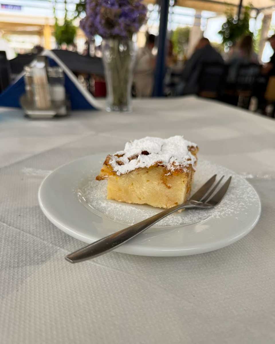 Milopita at Irini's restaurant in Naxos Greece on Hannah trip