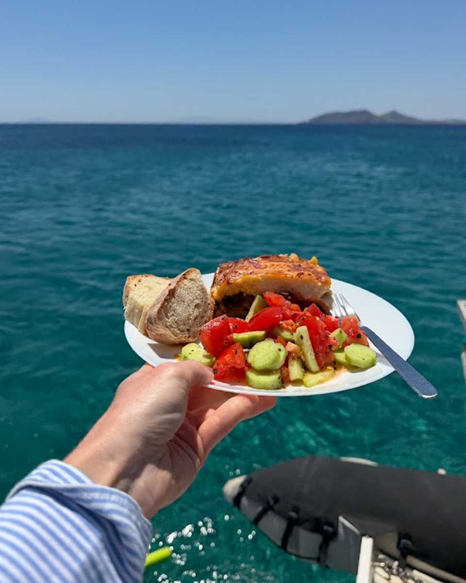 Moussaka lunch on catamaran cruise in Naxos Greece on Hannah trip