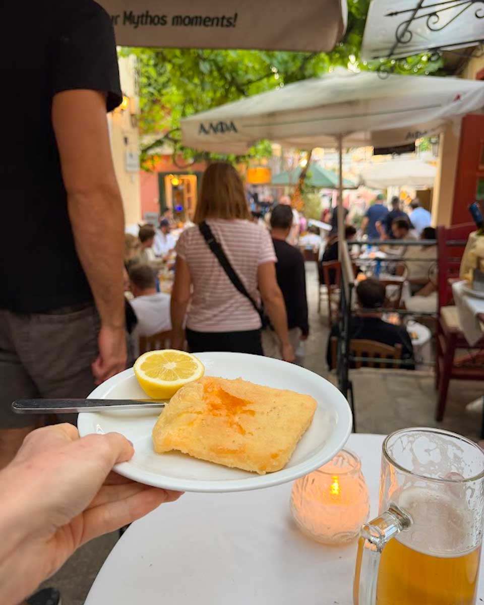 Saganaki at Palio Tetradio Athens Greece on Hannah trip
