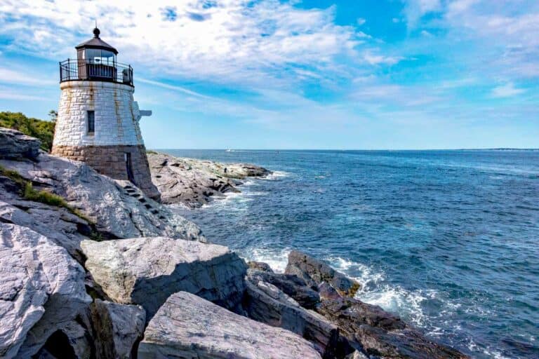 Scenic view of white Castle Hill Lighthouse, Newport, Rhode Island