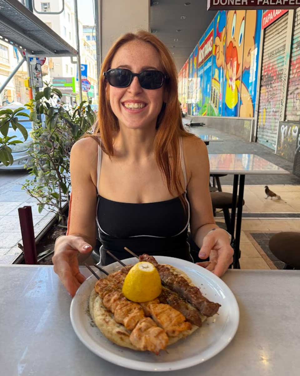 Souvlaki skewers on food tour in Athens Greece on Hannah trip