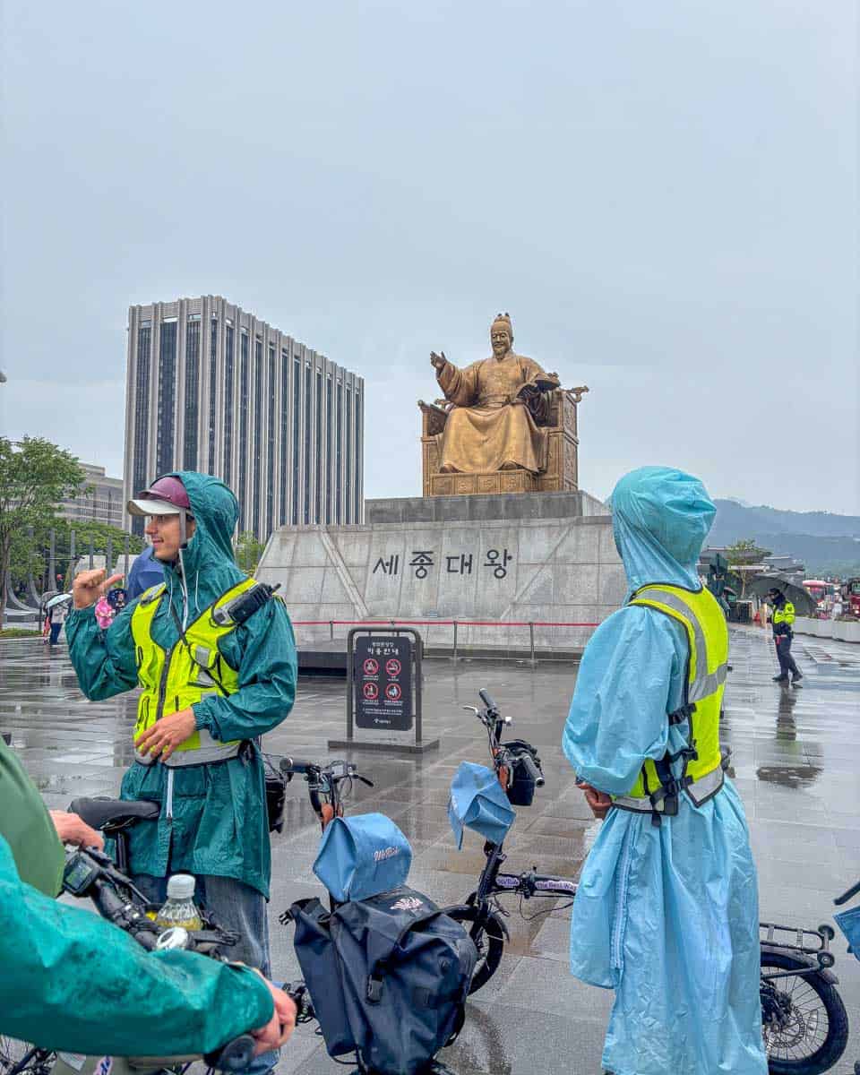Statue of King Sejong the Great seen on a bike tour in Seoul South Korea