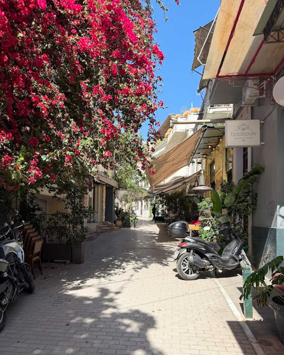 Street with flowers in Athens Greece on Hannah trip