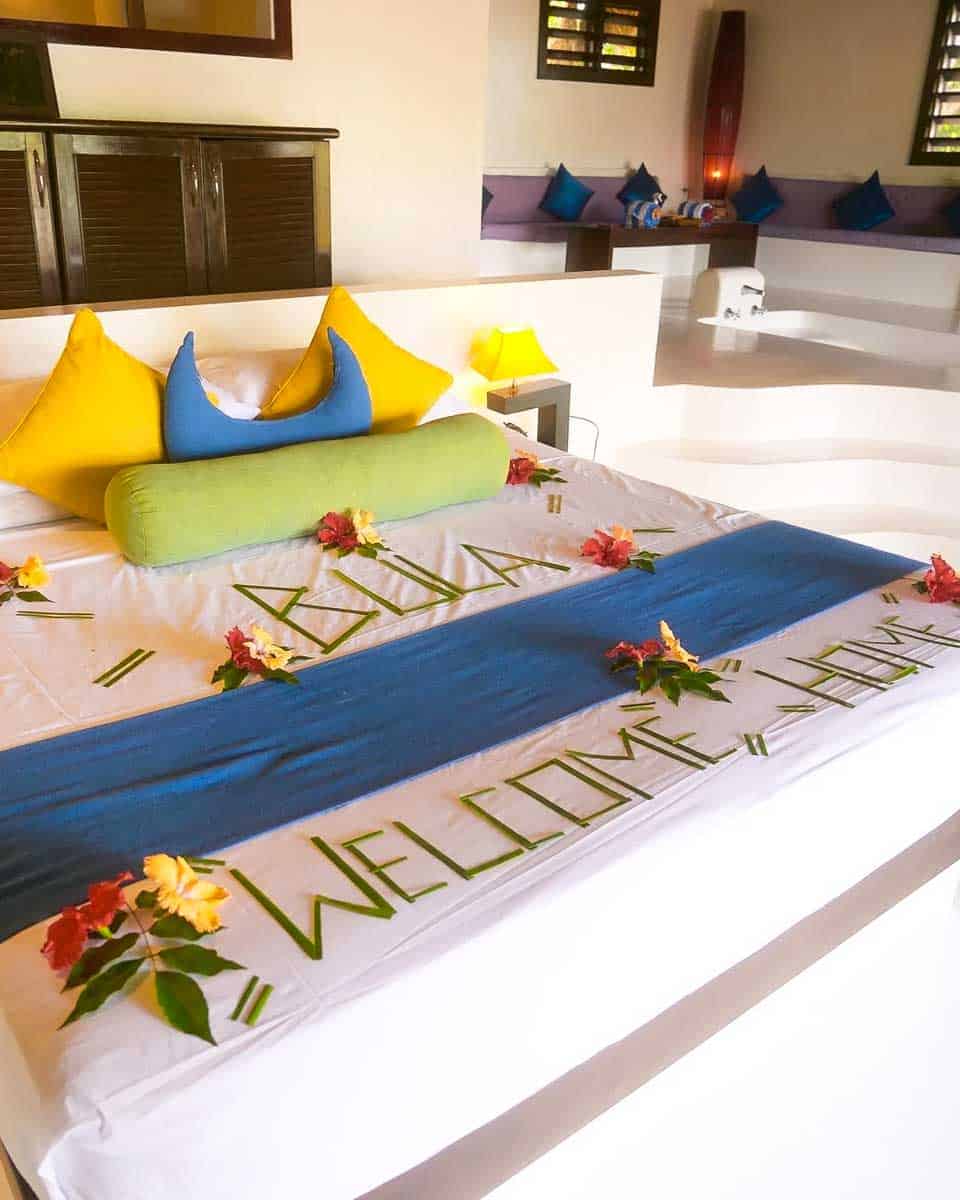 The bed in the hotel room at Navutu Stars in Fiji