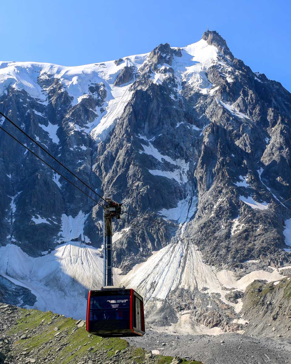 The cable car traveling to Aiguille Du Midi mountain near Chamonix France