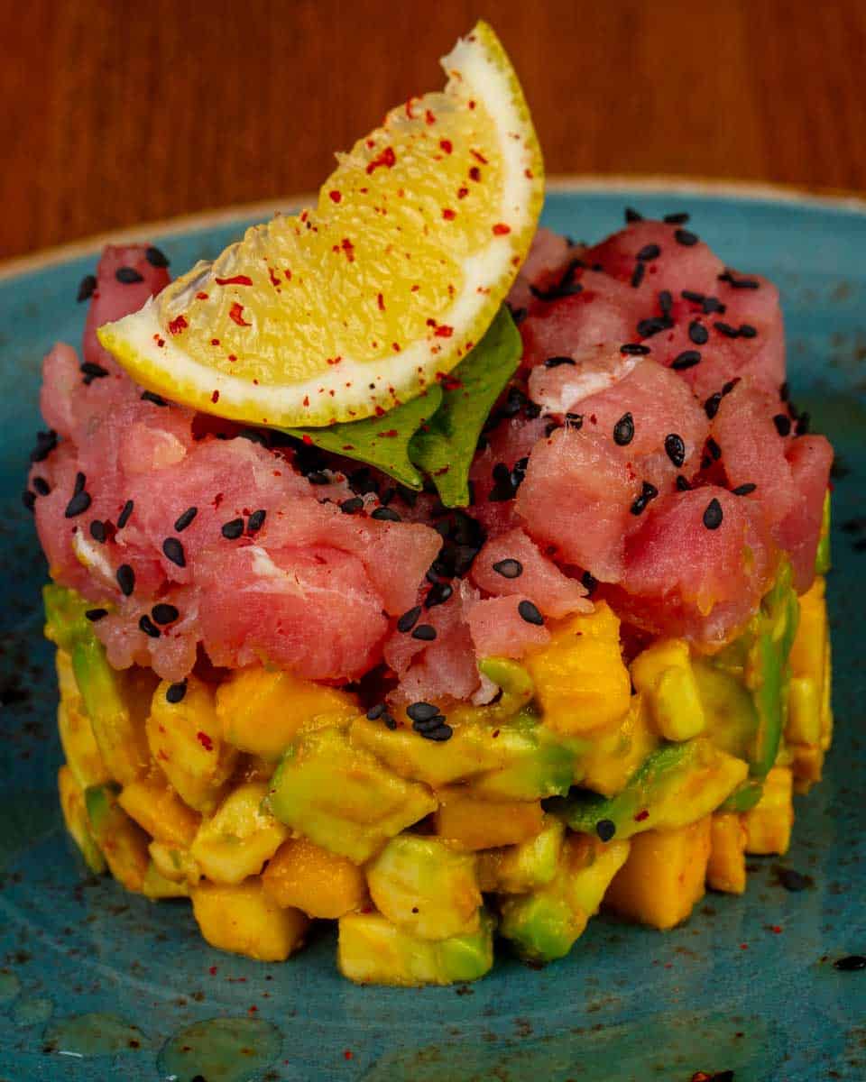 Tuna tartar with avocado and lemon eaten for dinner in Bora Bora