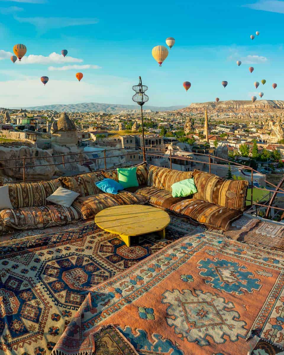 View of hot air balloons from a cafe in Cappadocia Turkey 1