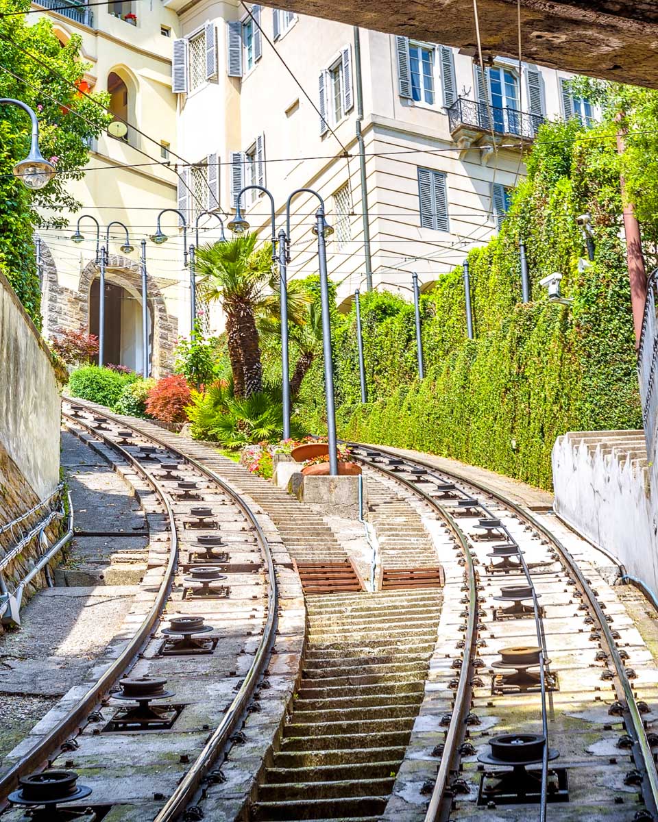 View to Citta Alta houses from tunnel of funicular, Bergamo