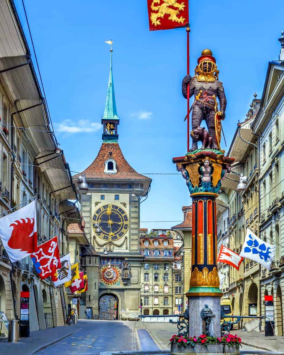 Zahringerbrunnen (Zahringen Fountain) and Zytglogge Clock Tower in Bern Switzerland