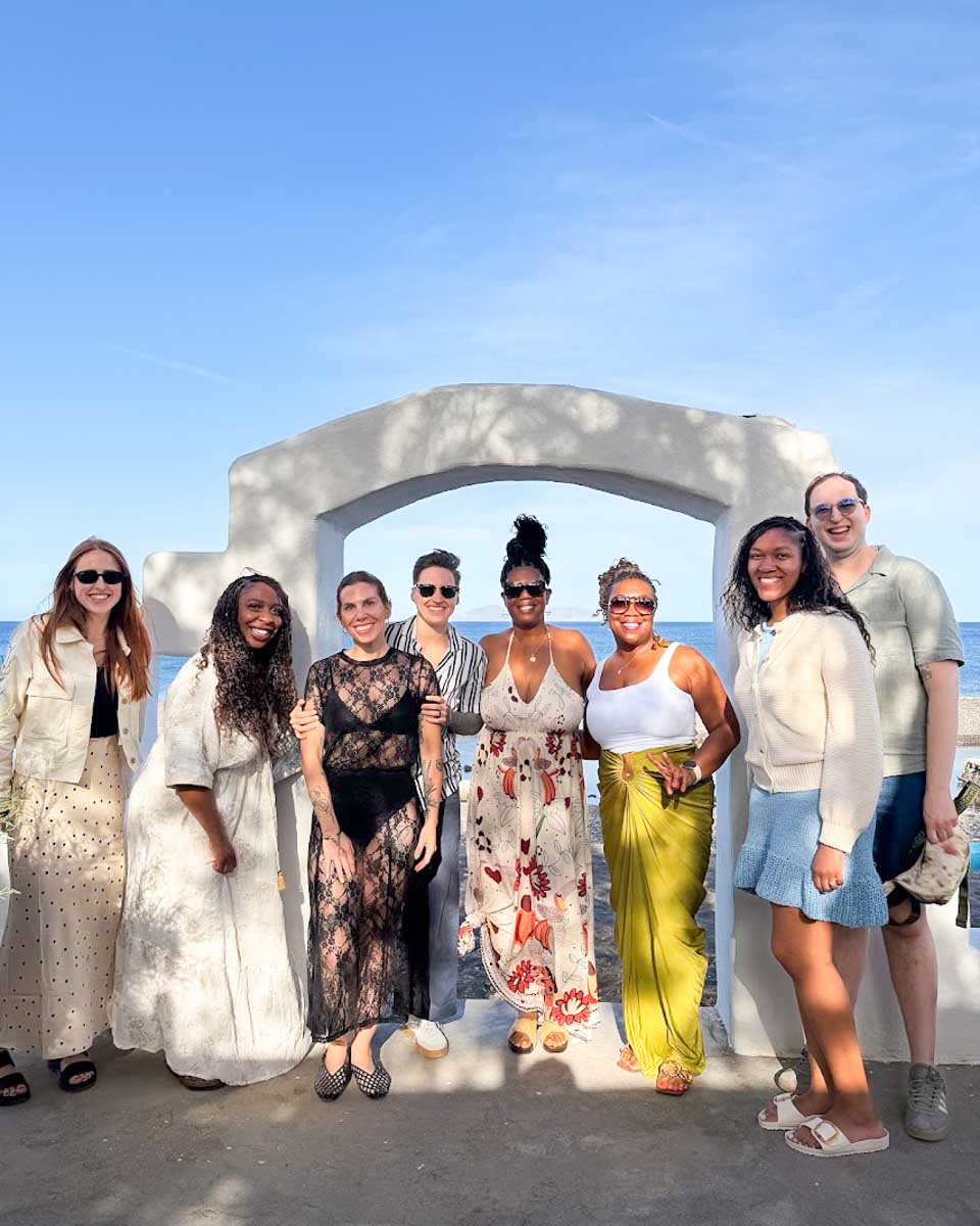 Group photo during a wine tour in Santorini