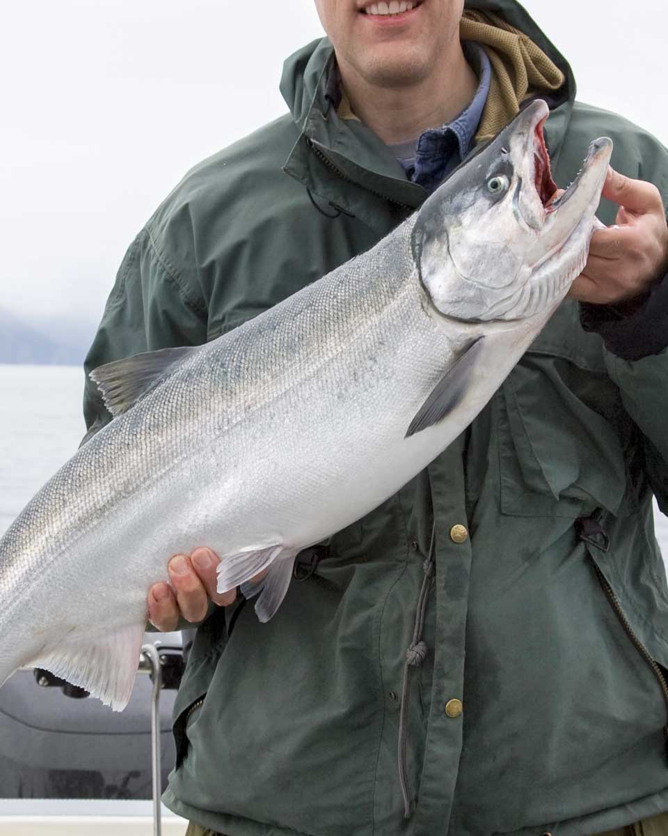 A man holds a salmon in Ketchikan Alaska