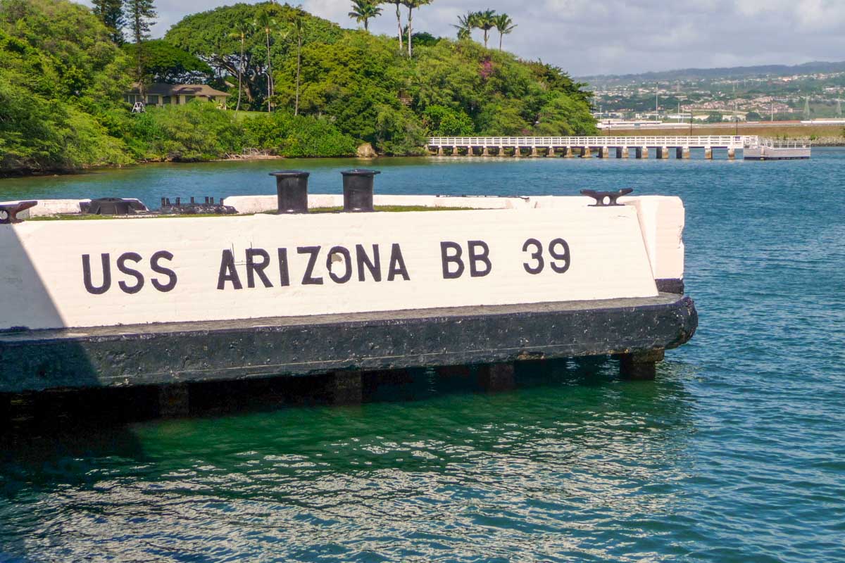 A memorial on the water of the USS Arizona on a Pearl Harbor tour in Hawaii