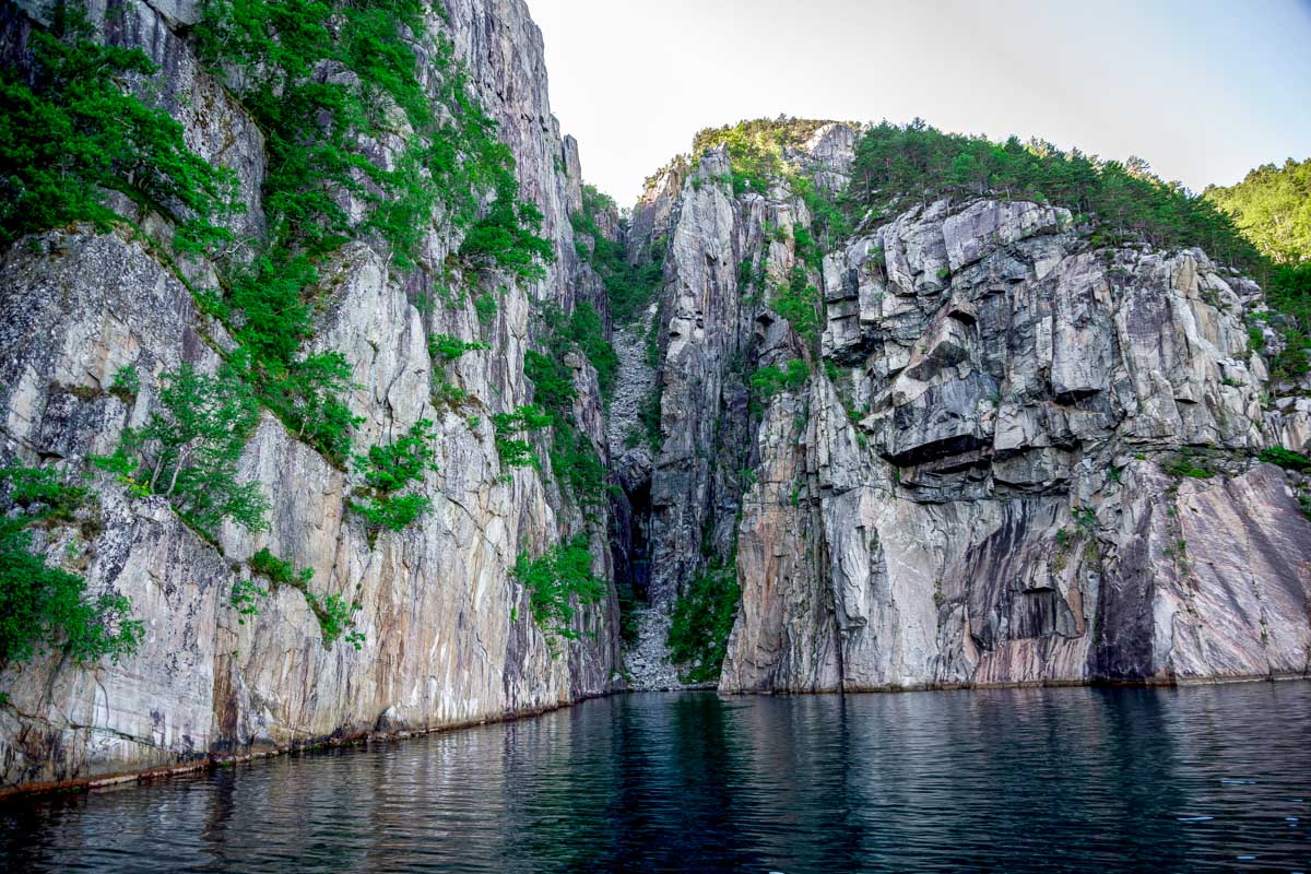A rocky cliff in Lysefjord on a cruise from Stavanger Norway