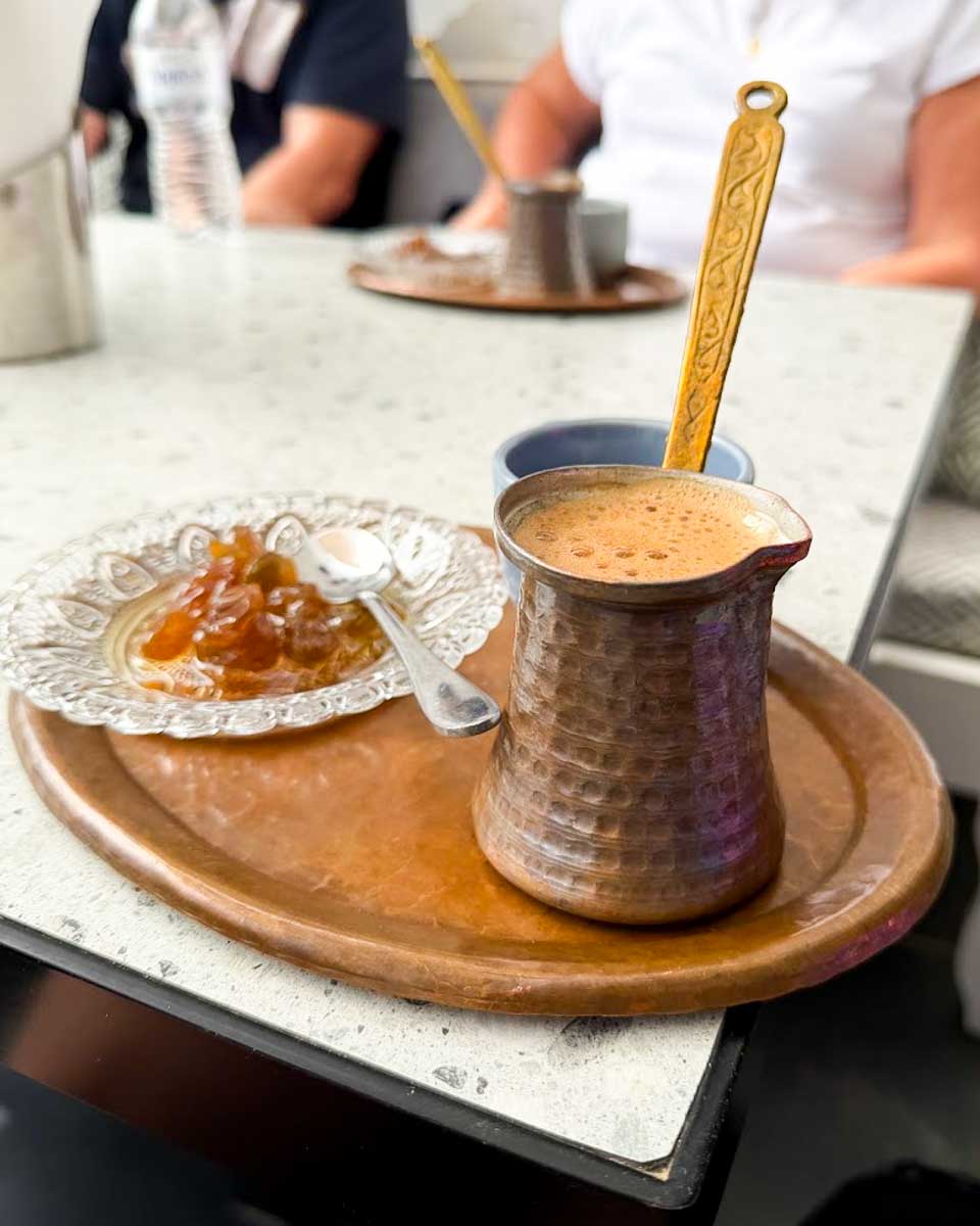 Traditional Greek coffee served at a café in Firostefani, Santorini