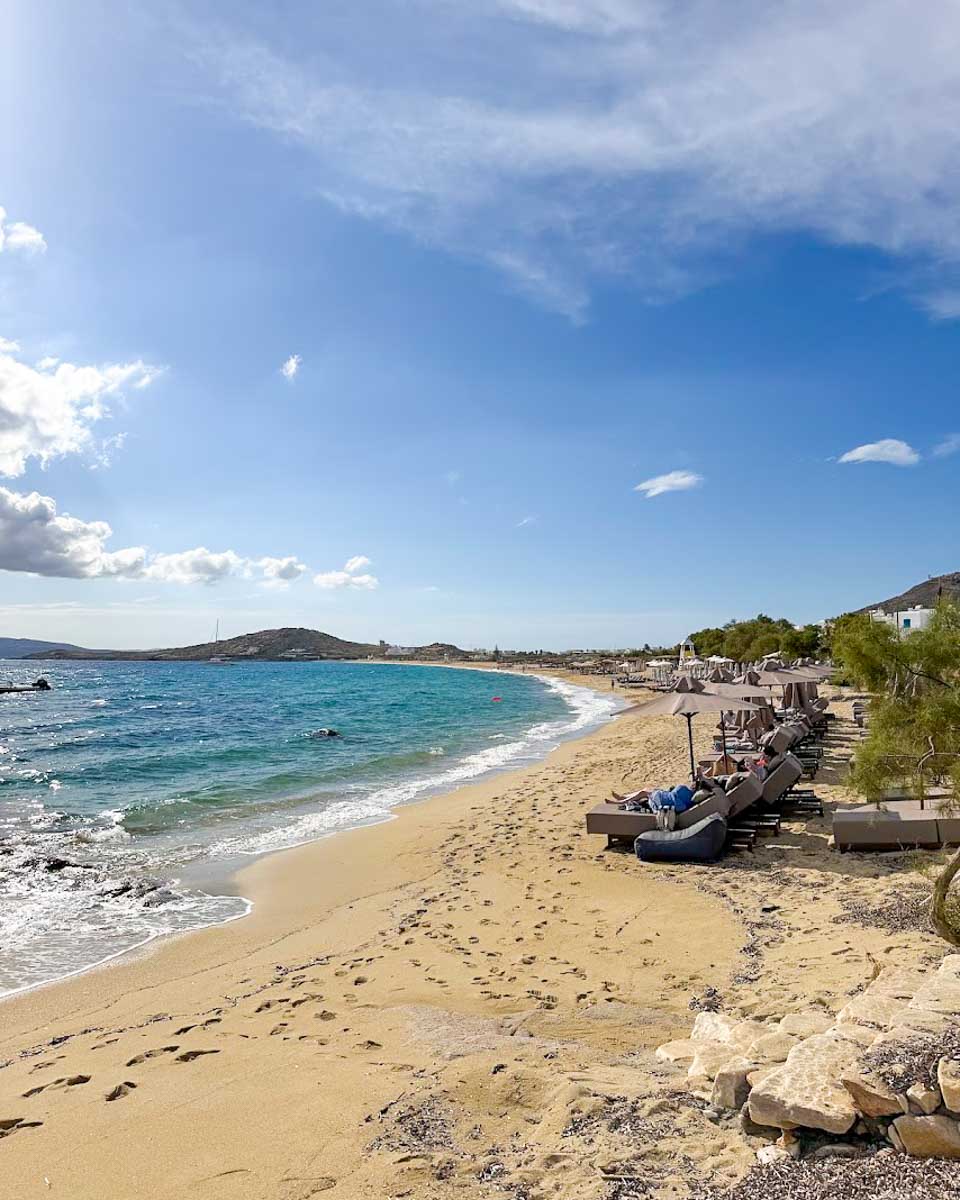 The sandy shoreline at Agios Prokopios Beach in Naxos.