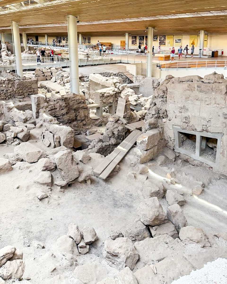 Ruins inside the Akrotiri Archaeological Site in Santorini Greece