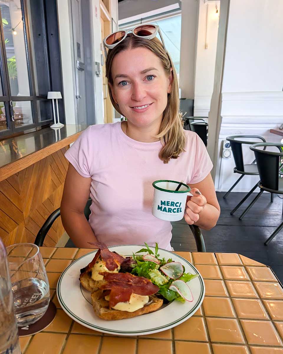 Bailey enjoying a meal at Merci Marcel in Singapore