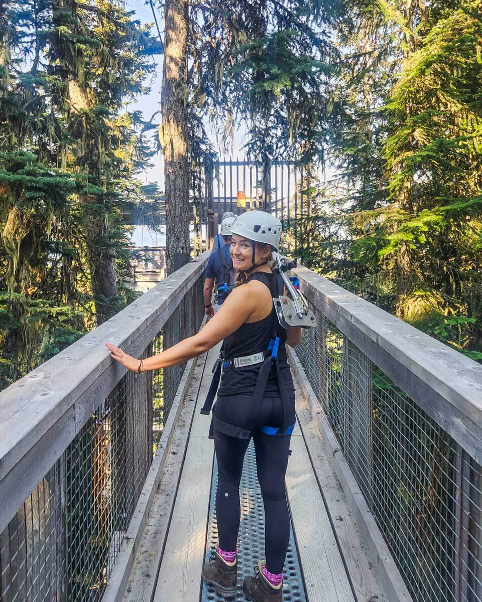 Bailey-at-a zipline-platform-in-Skagway Alaska