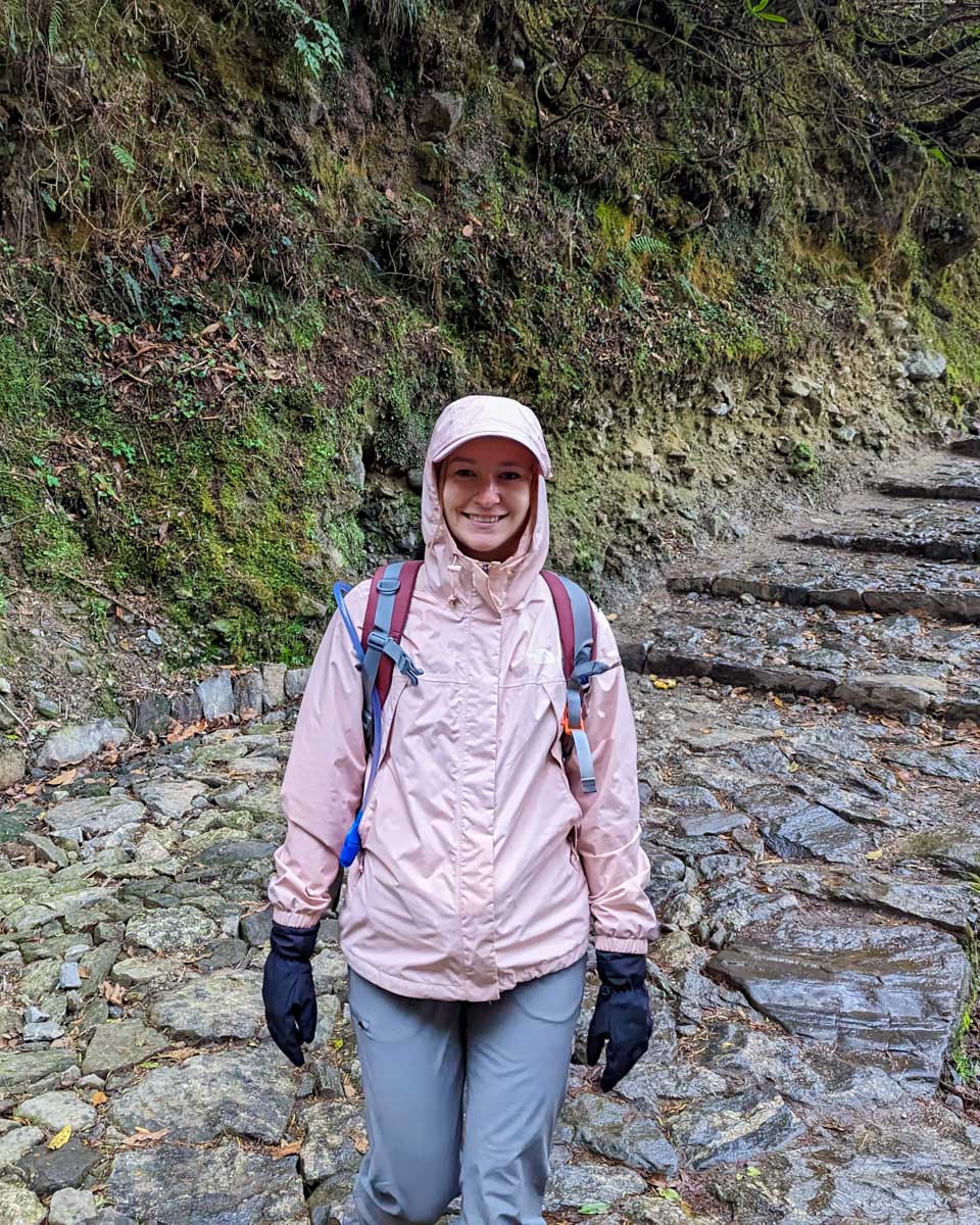 Bailey in a rain jacket in Bergen Norway