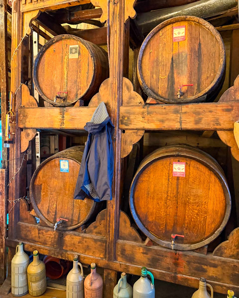 Barrels in Brettos Bar in Athens Greece on Hannah trip