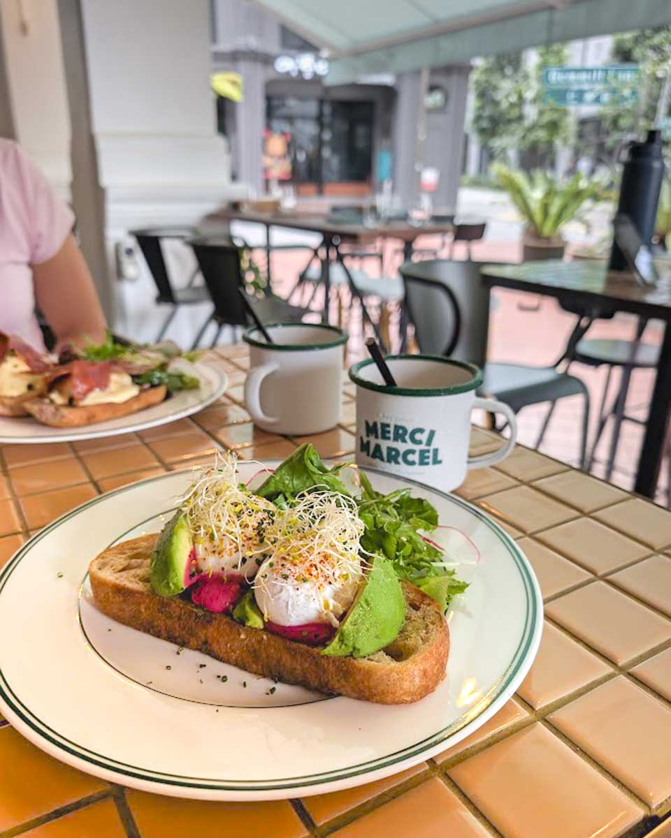 Breakfast at Merci Marcel in Singapore on Bailey and Daniel trip