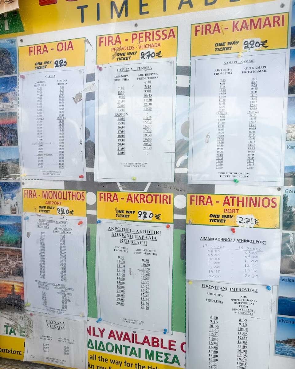 Public bus timetable at the Fira bus station in Santorini